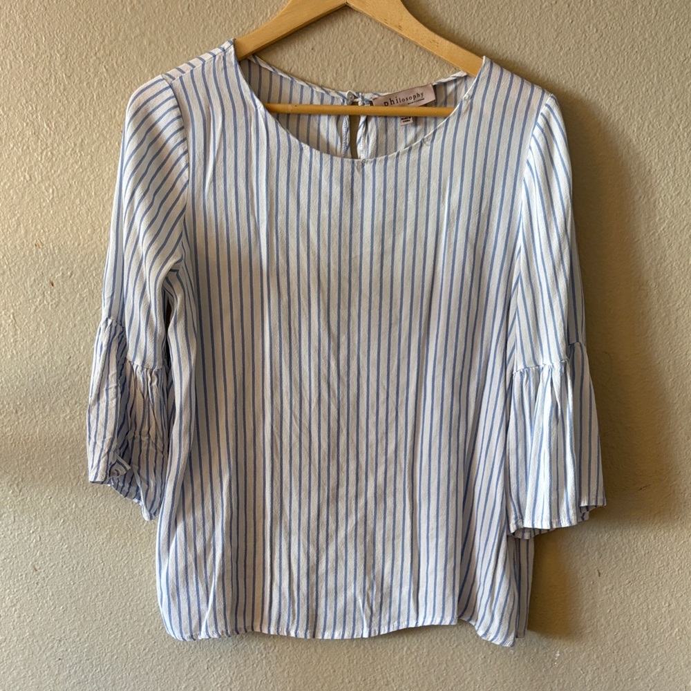 Philosophy Striped Blouse Blue White Ruffle Sleeve Lightweight Top M